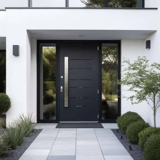 Modern black aluminum front door with glass sidelights on a white Toronto home